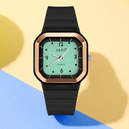 Trendy Square Dial Women Watch Teal Silicone Strap Rose Gold Bezel Analog Quartz Wristwatch Casual Waterproof Sport Wrist Clock