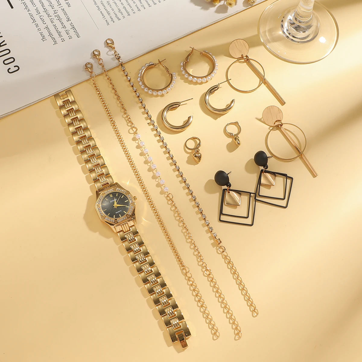 Fashionable Diamond Line Scale Octagon Case Round Dial Steel Band Women's Quartz Watch Set for Holiday Day Gift