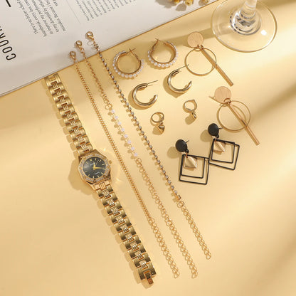 Fashionable Diamond Line Scale Octagon Case Round Dial Steel Band Women's Quartz Watch Set for Holiday Day Gift