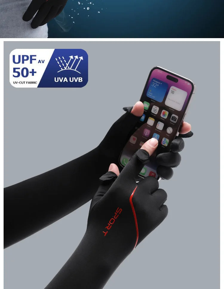 Anti-Sunburn Long Sleeve Men Summer Fingertip Flip Glove Cool Summer Ice Silk Driving Cycling Fishing Non - Slip Arm Warmers