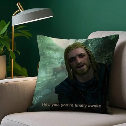 Hey You Youre Finally Awake Skyrim Meme Pillow Case Cozy Plush Pillow Cover Double Side Printed – Home Gift for Bedroom Decor