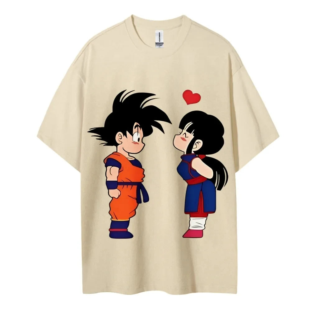 2026 Summer Dragon Ball Goku & Chichi Cute Couple Print Oversized Crew Neck T-Shirt 100% Cotton Casual Tops for Men Women Kids