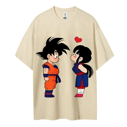 2026 Summer Dragon Ball Goku & Chichi Cute Couple Print Oversized Crew Neck T-Shirt 100% Cotton Casual Tops for Men Women Kids