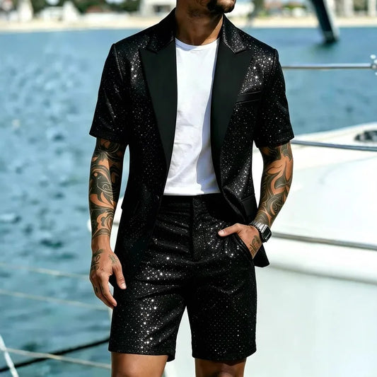 KIDWHXR Man Summer 2-piece Outfit Patchwork Short Sleeve Blazer Male Straight-leg Shorts Men Sequins Wedding Party Suit Set