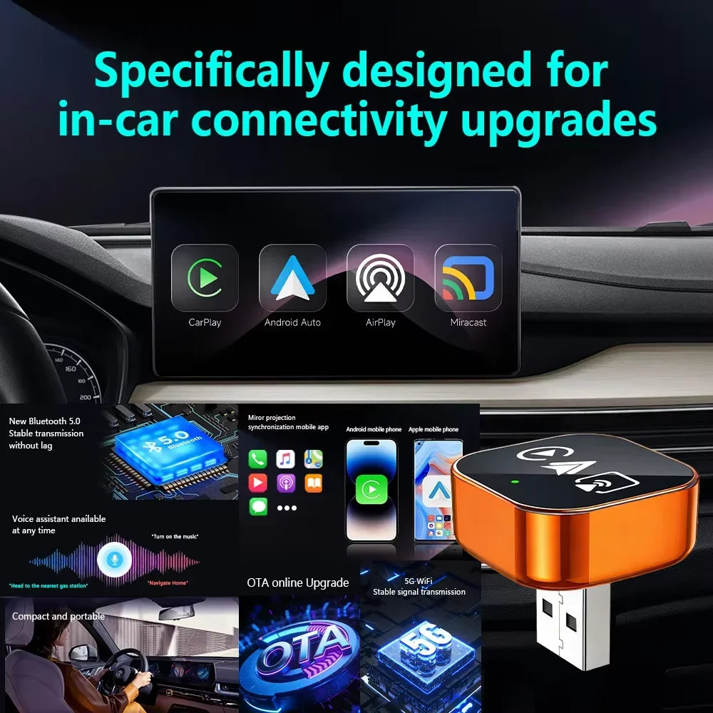CarRocket 4in1   Carplay Adapter Wired To Wireless Android Auto Mirror Link Smart MiNi Ai Box USB Plug and Play Bluetooth WiFi