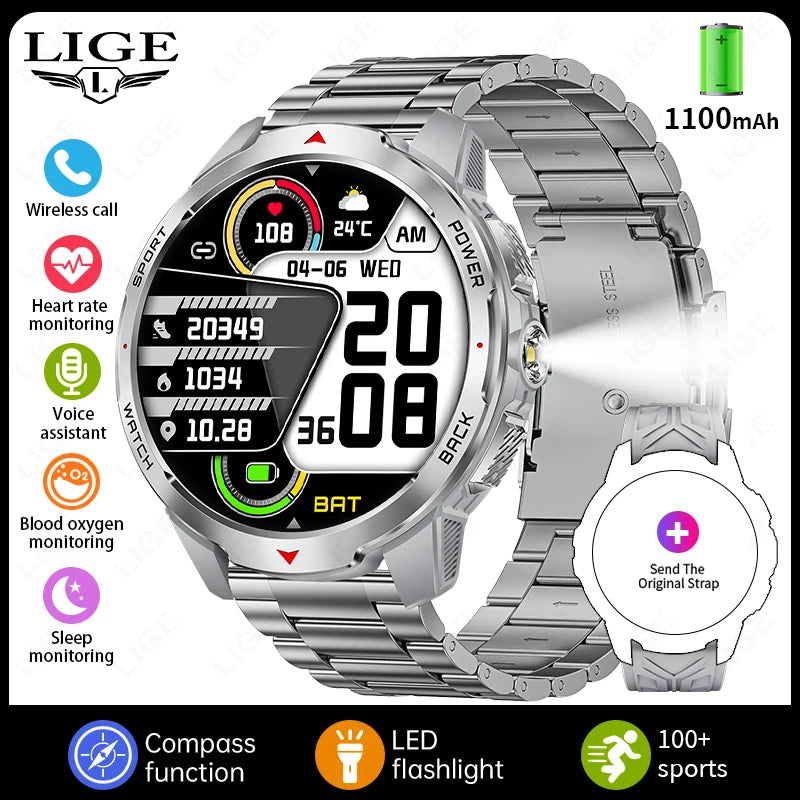 LIGE 1100mAh Military Outdoor Smart Watch Men 1.7" Large Display Compass Sports Watch IP68 Waterproof Bluetooth Call Smartwatch