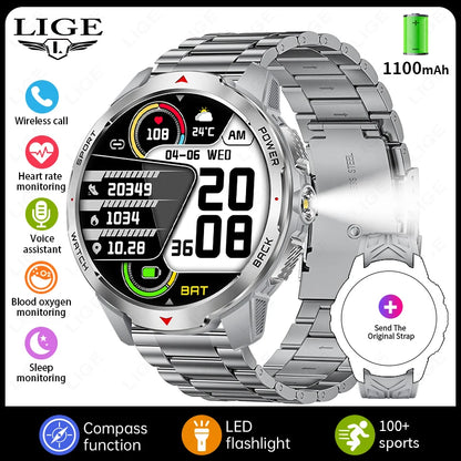 LIGE 1100mAh Military Outdoor Smart Watch Men 1.7" Large Display Compass Sports Watch IP68 Waterproof Bluetooth Call Smartwatch