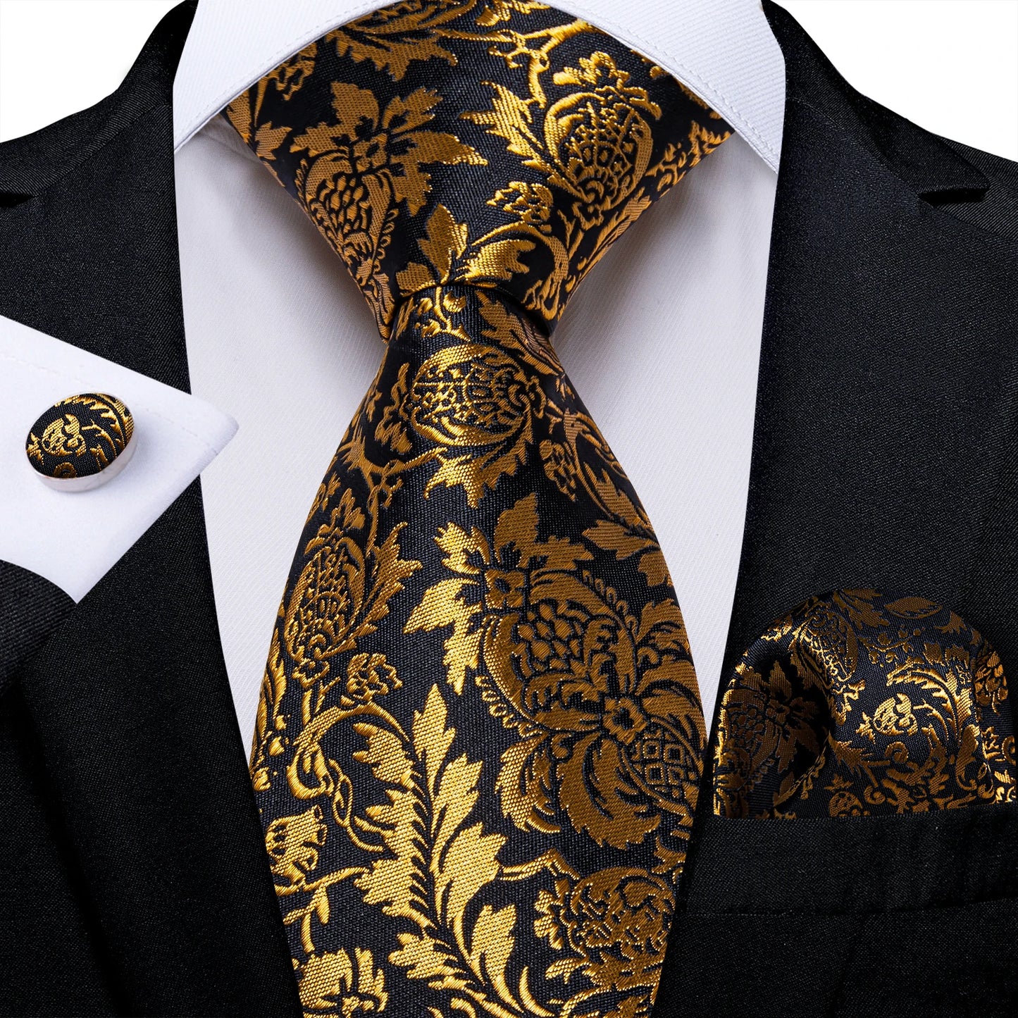 Luxury Black Gold Paisley Striped Floral Silk Men's Tie Set Handkerchief Cufflinks Wedding Party Accessories Groom Gift for Men