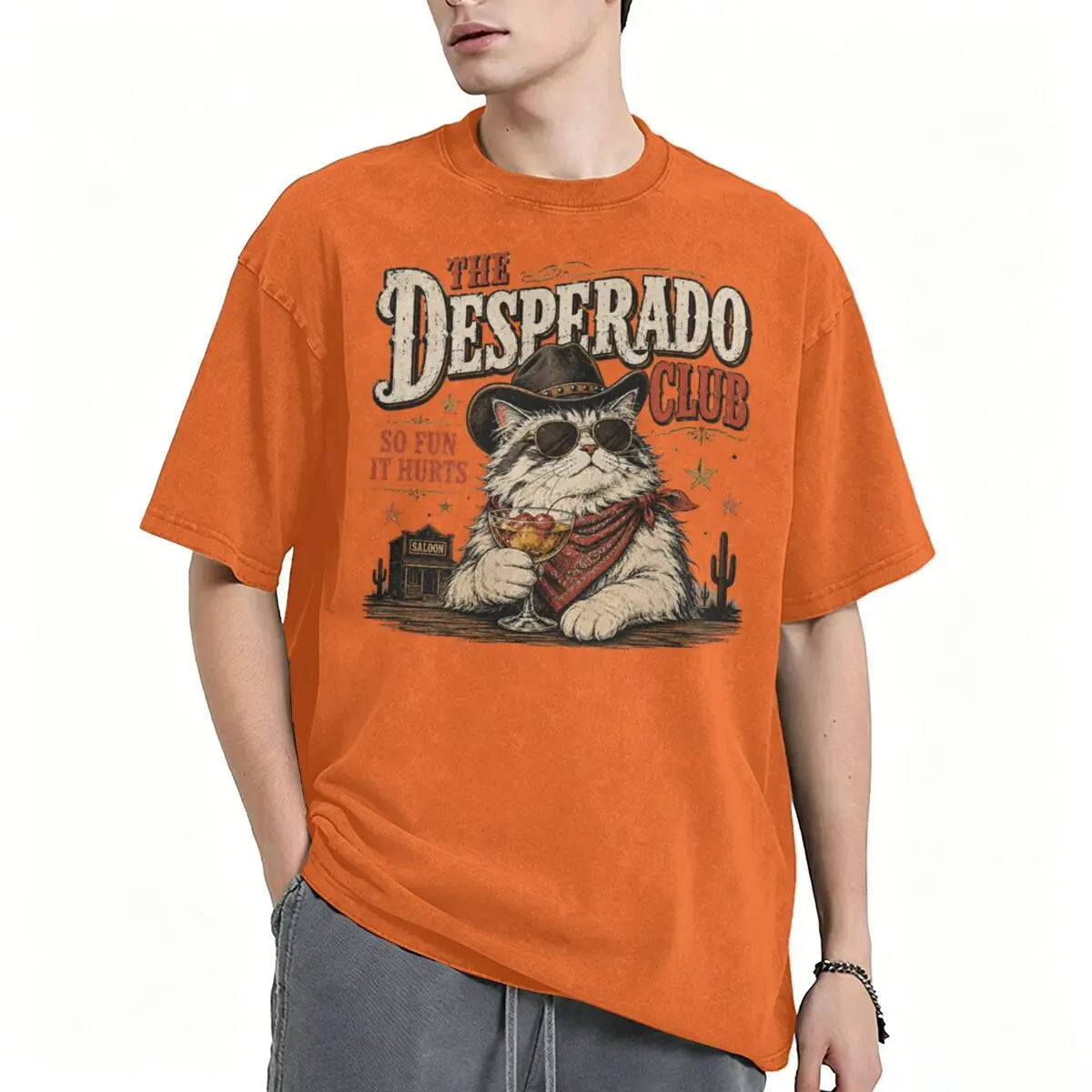Vintage Washed Western Cowboy Cat T-shirt Cute Animal Manga T-shirts Men Women Cotton Casual Oversized T Shirt Tops