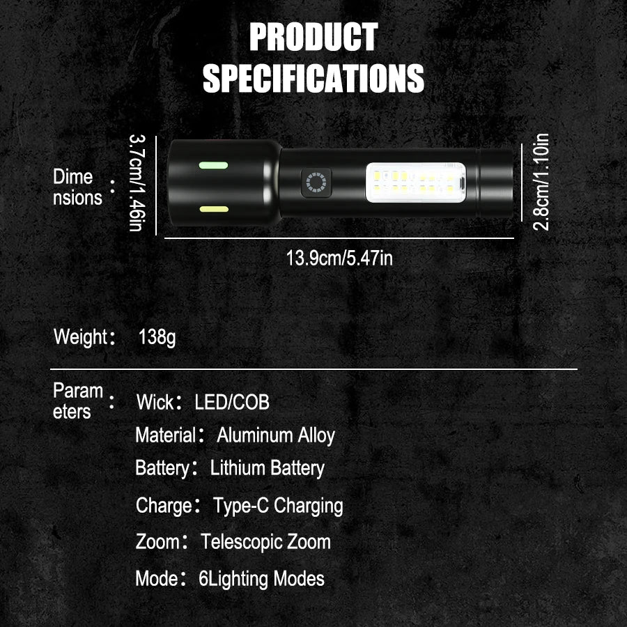 LED+COB Portable Flashlight Zoomable Small Torch USB Rechargeable Outdoor Camping Fishing Long Range Camping Emergency Lantern