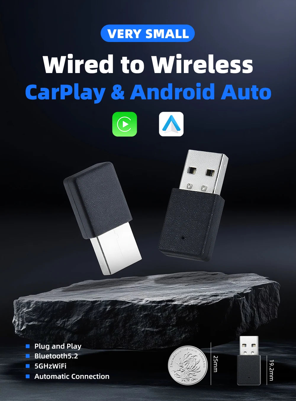 EKIY 2in1 Wireless CarPlay Adapter Wireless Android Auto Dongle AI Smart Box Car Intelligent Systems For Car With Wired CarPlay