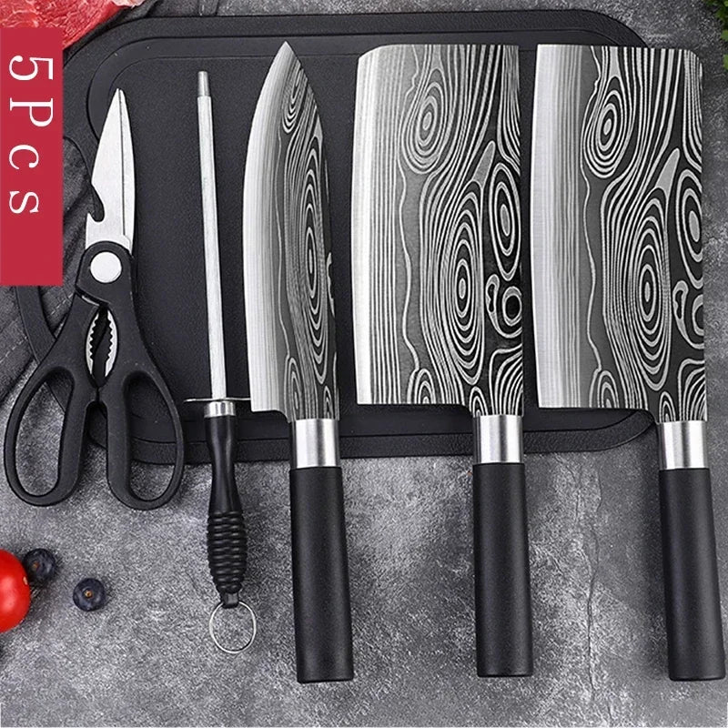 Laser Damascus Pattern Utility Kitchen Knives Set, Stainless Steel Sharp Slicing Chef Knife, Scissors & Sharpening Rod Cooking T