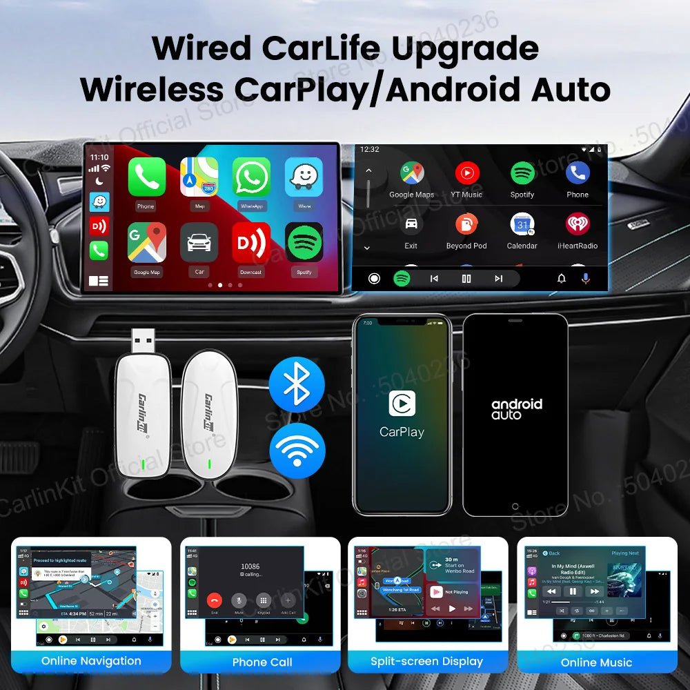 Baidu CarLife CarlinKit Wired To Wireless CarPlay Wireless Android Auto Adapter WiFi Bluetooth Auto Connection 2-In-1 Smart Box