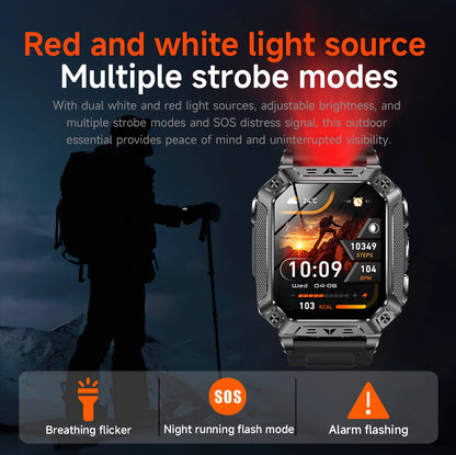 LIGE Wojskowy Inteligentny Zegarek 2.01'' Ekran HD Outdoor Sportowy Męski Zegarek SOS Czerwony Alarm Migająca Latarka Monitor Zdrowia Smartwatch