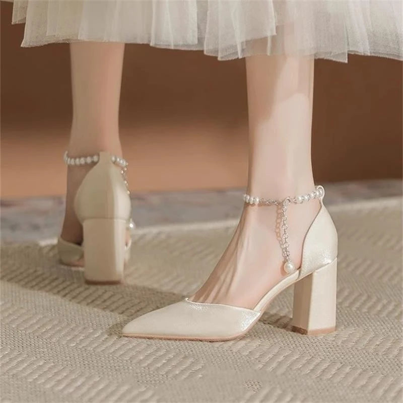 Elegant Pearl Embellished Pointed Toe Chunky Heel Open Toe High Heels Wedding Shoes for Women Comfortable Dress Pumps Stylish