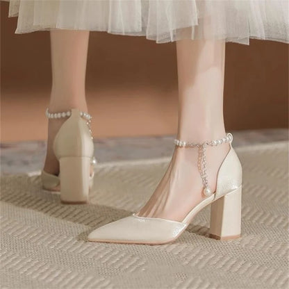 Elegant Pearl Embellished Pointed Toe Chunky Heel Open Toe High Heels Wedding Shoes for Women Comfortable Dress Pumps Stylish