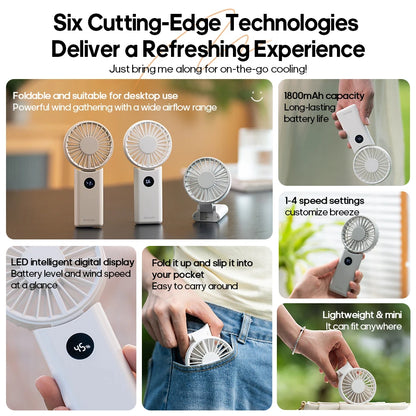 Portable Folding Handheld Fan 1800mAh Desktop Rechargeable Fan 4-speed Wind Angle Adjustable with LED Display for Outdoor Travel
