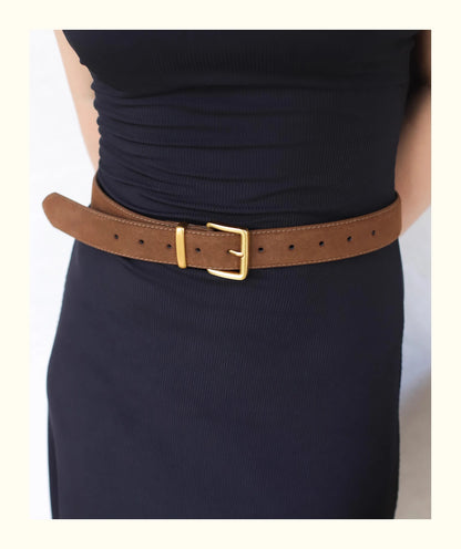 Luxury Suede Cowhide Leather Belt for Women, Vintage Style with Gold Buckle, 3.3cm Wide Waistband for Dresses & Jeans