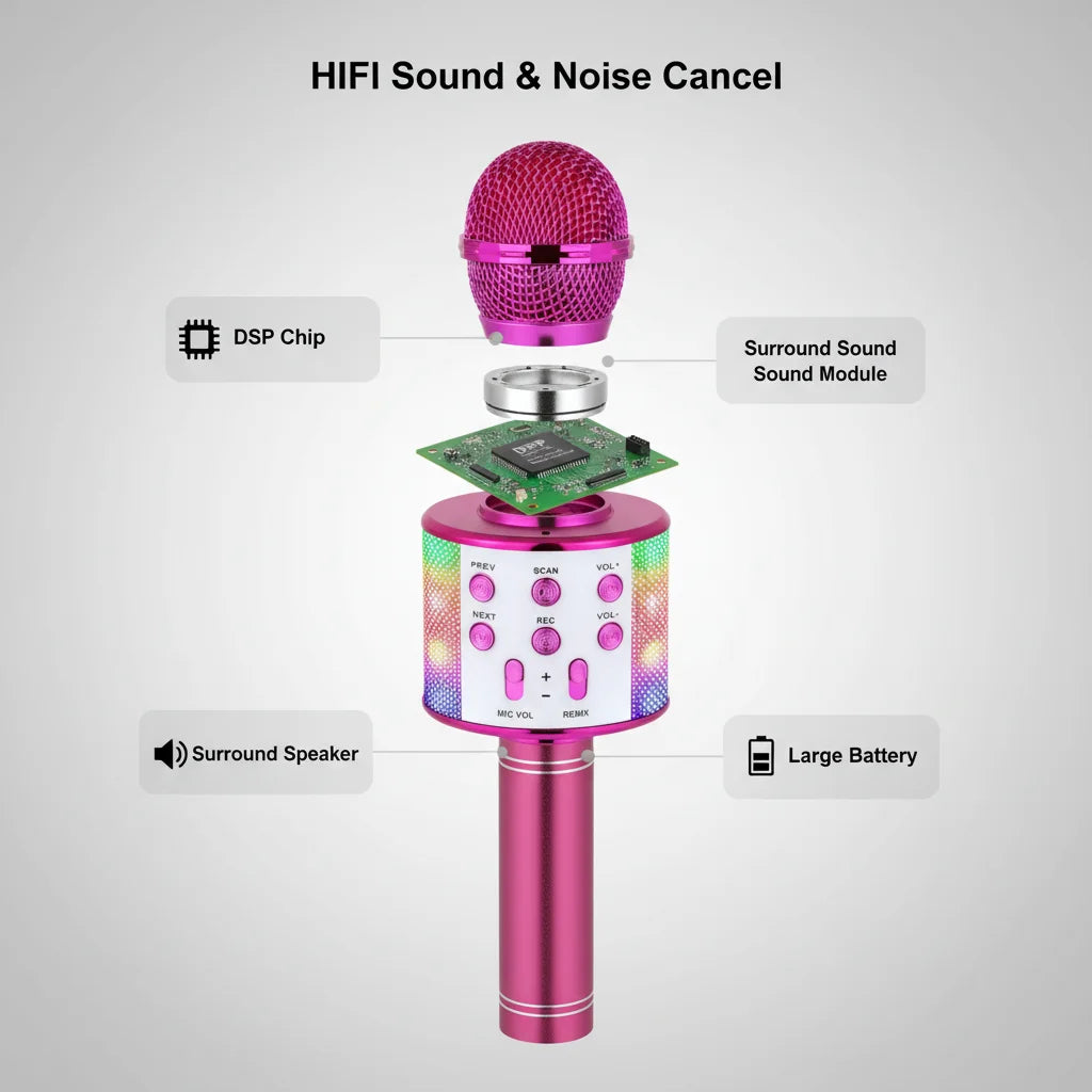 Fun Karaoke Microphone Speaker for Adults Kids, Wireless Bluetooth, Voice Changer, Echo Effect, LED Lights Microphone for Party