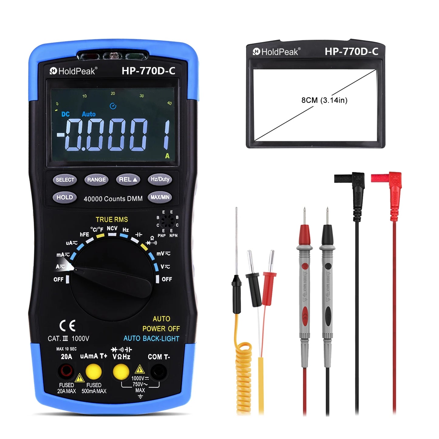 HP-770D-C LCD Digital Multimeter - True RMS Auto Range for AC/DC Voltage, Ohm, Amp & Capacitor (40,000 Counts)