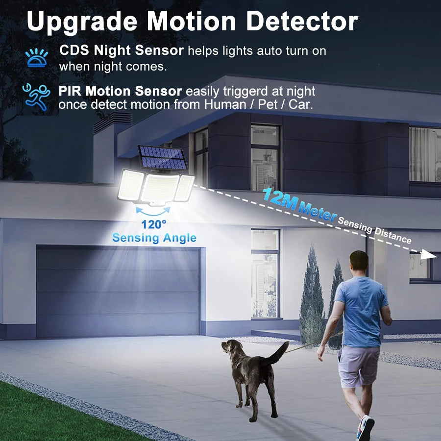 Solar Lights Outdoor 348LED 3 Heads Waterproof Solar Powered Security Flood Lights Motion Sensor Outdoor Lights For Garden