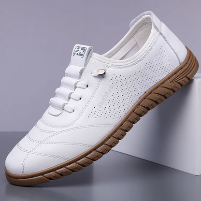 Men's Breathable Hollow Loafers Slip-On Leather Shoes Comfortable Casual Anti-Slip Deodorant Soft Bottom Sandals-HT193