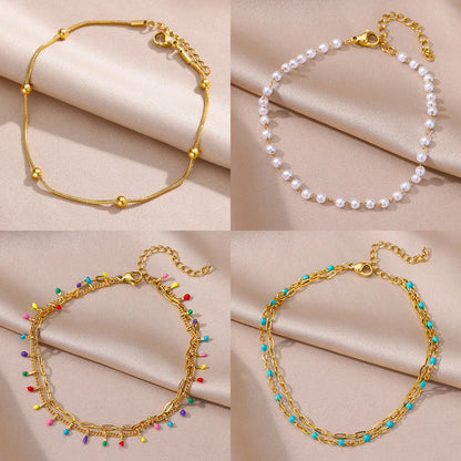 Stainless Steel Imitation Pearl Anklets for Women Gold Color Chain Ankle Bracelet Anklet Summer Beach Jewelry Accessories Gift