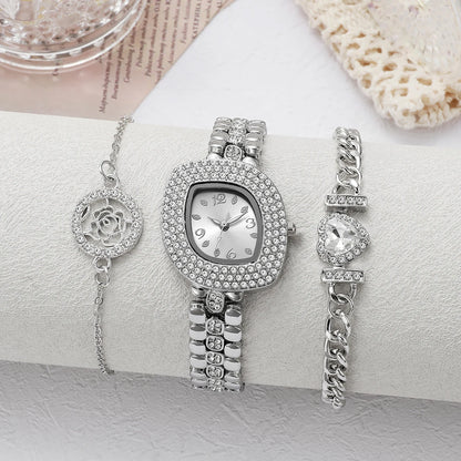 Luxury Silver Rhinestone Watch & Jewelry Set - Square Crystal-Encrusted Dial Watch, Rose & Heart Charm Bracelets, Elegant Access