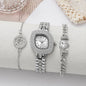 Luxury Silver Rhinestone Watch & Jewelry Set - Square Crystal-Encrusted Dial Watch, Rose & Heart Charm Bracelets, Elegant Access