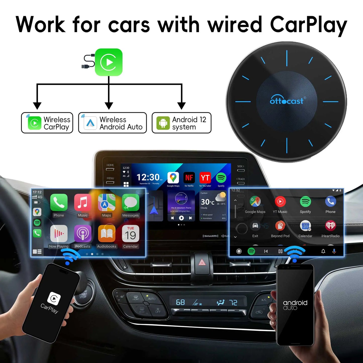 OTTOCAST P3 AI Box Android TV Box for HDMI out Wireless CarPlay Android Auto Car Accessories for Toyota VW Honda Kia Benz Nissan