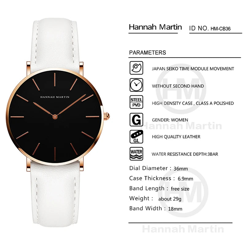 Hannah Martin Hot New Ms Fashion Simple Quartz Movement Watch High Quality Leather Strap Waterproof Lady Watch Relogio Feminino