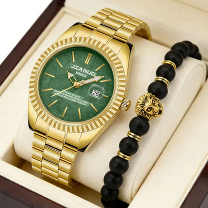 Luxury men's steel band watch calendar embossed atmosphere trend gold business quartz watch 2-piece set lion bracelet watch