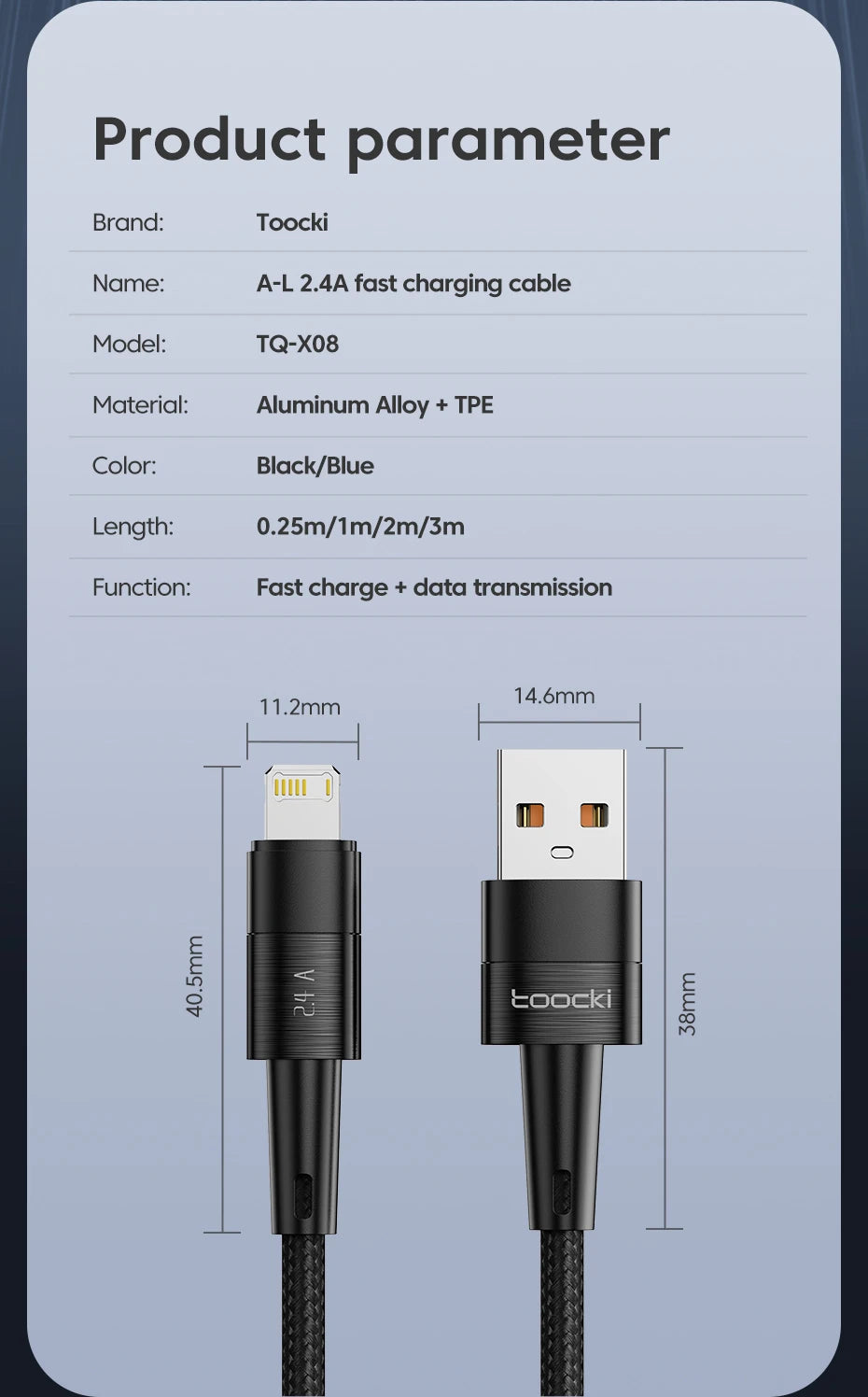 Toocki USB Cable For iPhone 14 13 12 Pro Max X XS XR 8 7 Plus iPad Fast Charging Charger Aluminum iP Cable For iPhone Data Cord