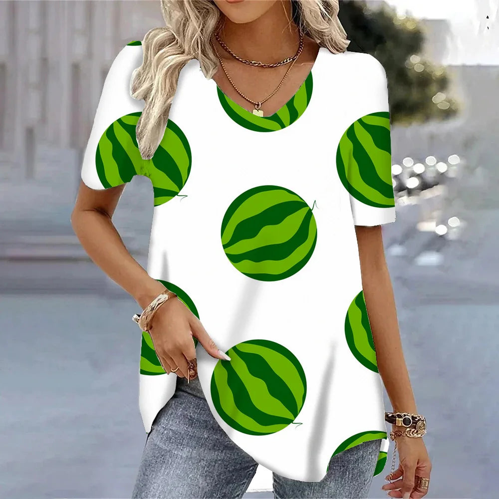 3D Watermelon Printed Women's V-neck Tee Shirts Summer Cool Short Sleeves Tops Fashion Casual Loose Pullovers Female T-shirts