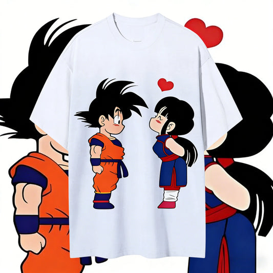 2026 Summer Dragon Ball Goku & Chichi Cute Couple Print Oversized Crew Neck T-Shirt 100% Cotton Casual Tops for Men Women Kids