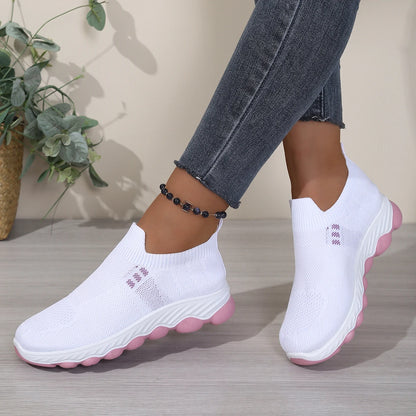 Grid mesh slip-on street sneakers, integrated stretch ribbed collar, thick wavy layered two-tone midsole daily walking shoes