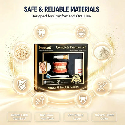 Flexible Moldable Silicone Denture Set, Upper Lower Natural Ivory False Teeth, Instant Smile with Free Toothbrush & Toothpaste