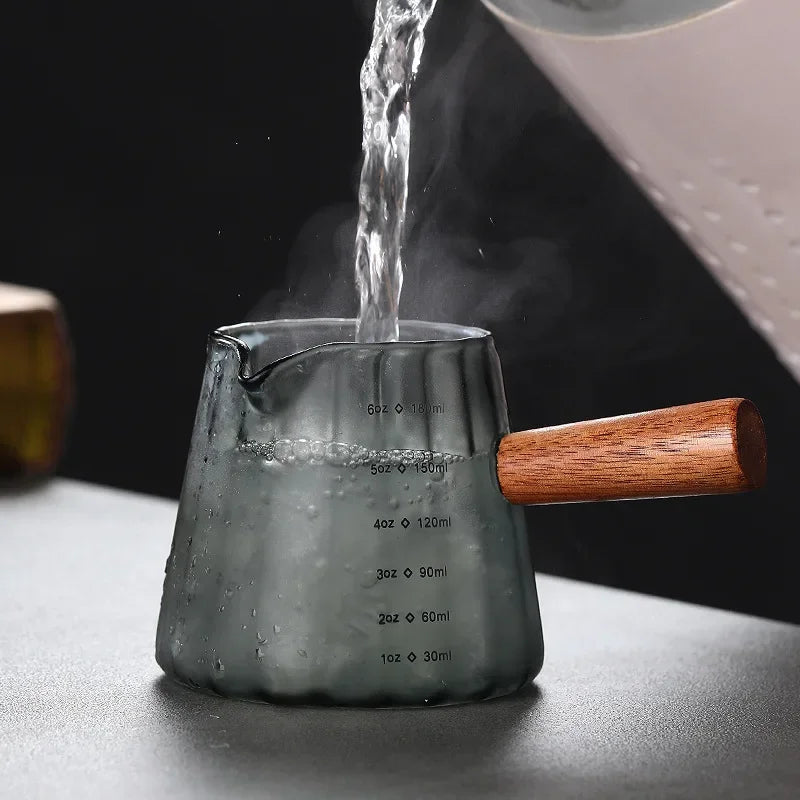 180ML Wood Handle Glass Espresso Measuring Cup Coffee Extraction Cup with scale High Temperature Resistance Milk Jug Measure Mug