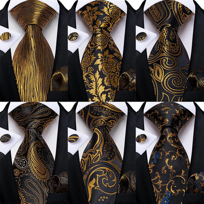 Luxury Black Gold Paisley Striped Floral Silk Men's Tie Set Handkerchief Cufflinks Wedding Party Accessories Groom Gift for Men