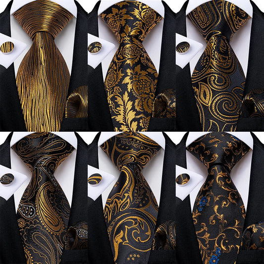 Luxury Black Gold Paisley Striped Floral Silk Men's Tie Set Handkerchief Cufflinks Wedding Party Accessories Groom Gift for Men