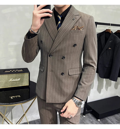 Slim Fit Double-breasted Striped Suit Vest Trousers 3-Piece Set Korean Fashion M-7XL Men's Fashionable Striped Three-piece Suit