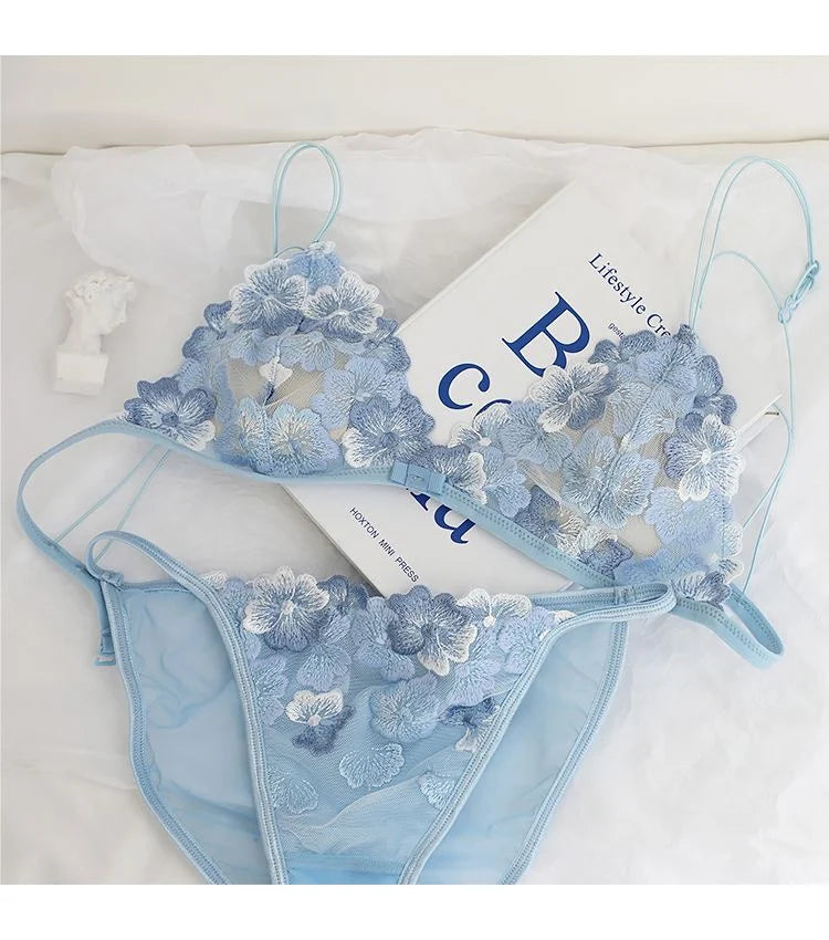 French Lace Bralette Small Bust Women Wireless Ultra Thin Sexy Embroidery Mesh No Underwire Push Up Comfort Bra Set BANERDANNI