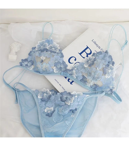 French Lace Bralette Small Bust Women Wireless Ultra Thin Sexy Embroidery Mesh No Underwire Push Up Comfort Bra Set BANERDANNI