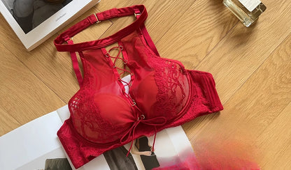 Luxury French Lace Halter Bra Small Chest Push-Up Sheer Bralette Seductive Allure Black Lingerie Set Wire-Free Comfort MOYISU AB