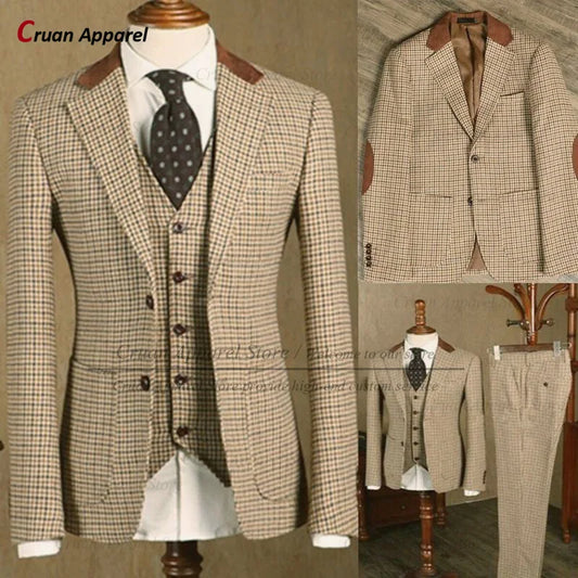 Classic Brown Suit Sets For Men Fashion Checkered Blazer Vest Pants 3 Pieces Formal Party Tailor-made Elegant Slim Fit Costumes