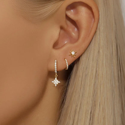3 Piece Fashion Stainless Steel Round Star Drop Earrings Set for Women 18K Gold Plated Dangle Earring Punk Unisex Rock Jewelry