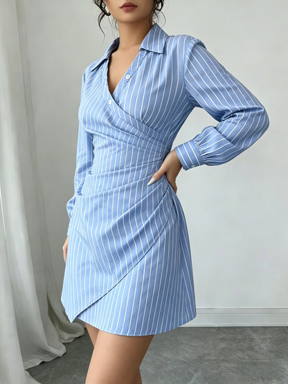 Women Dress Striped Wrap V Neck Ruched Shirt Mini Dress Chic New Spring Summer Preppy Dress Office Work Date Tailored Dress