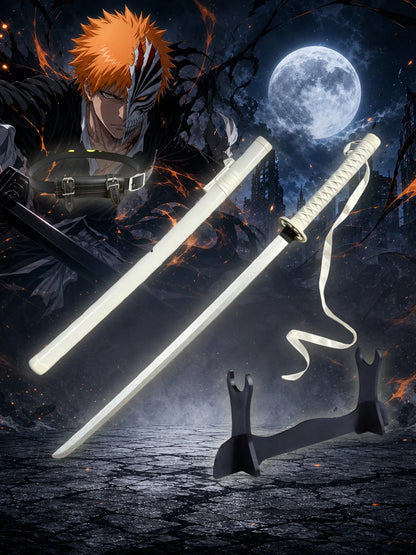 40inch 101cm Katana Sword Bleach Ichigo Zangetsu White Bankai Blade Wood Bamboo Japanese Samurai Anime Cosplay Prop Stand Belt Ribbon Set Real Size Otaku Collectible Gift Toy Display Bushido Ninja Knife Schwert Sabre