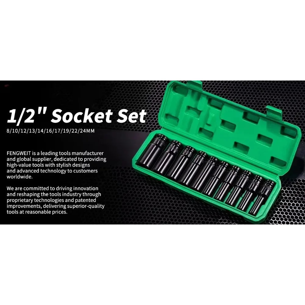Heavy Duty 10 Pcs 1 2 Inch Drive Metric Deep Impact Socket Set Universal Durable for Pneumatic Air Repair Tools