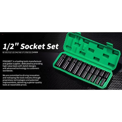 Heavy Duty 10 Pcs 1 2 Inch Drive Metric Deep Impact Socket Set Universal Durable for Pneumatic Air Repair Tools